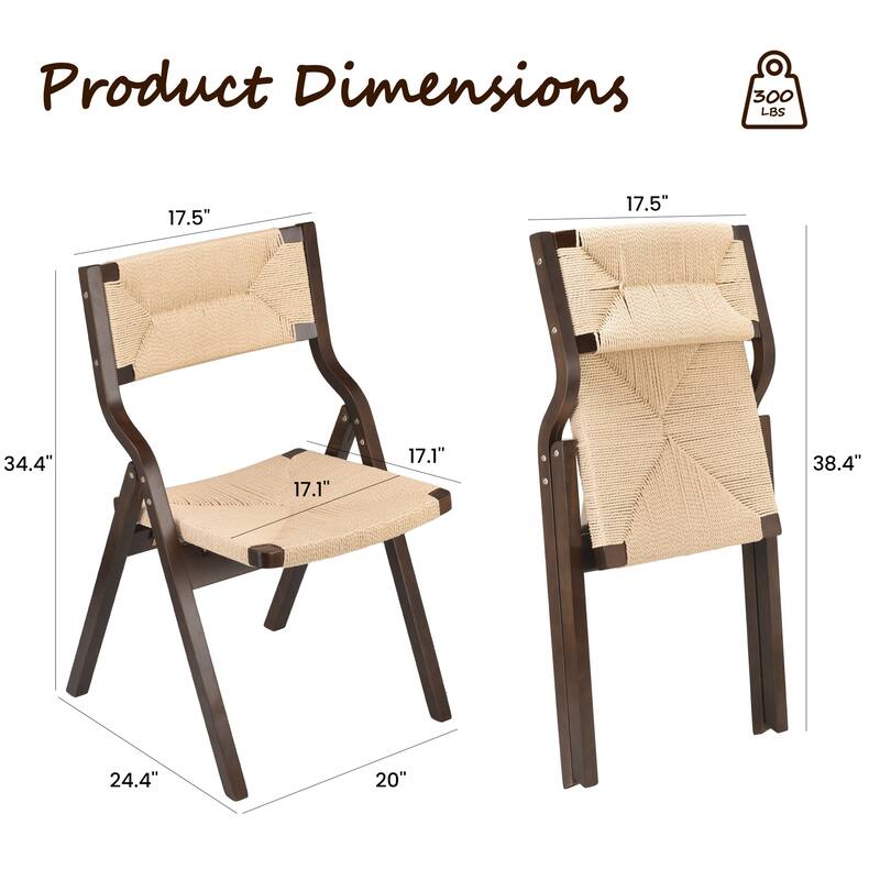 Wood Folding Chairs, Foldable Chairs Wooden Stackable Dining Chairs with Woven Seat & Webbing Back, Dining Chair Set of 2