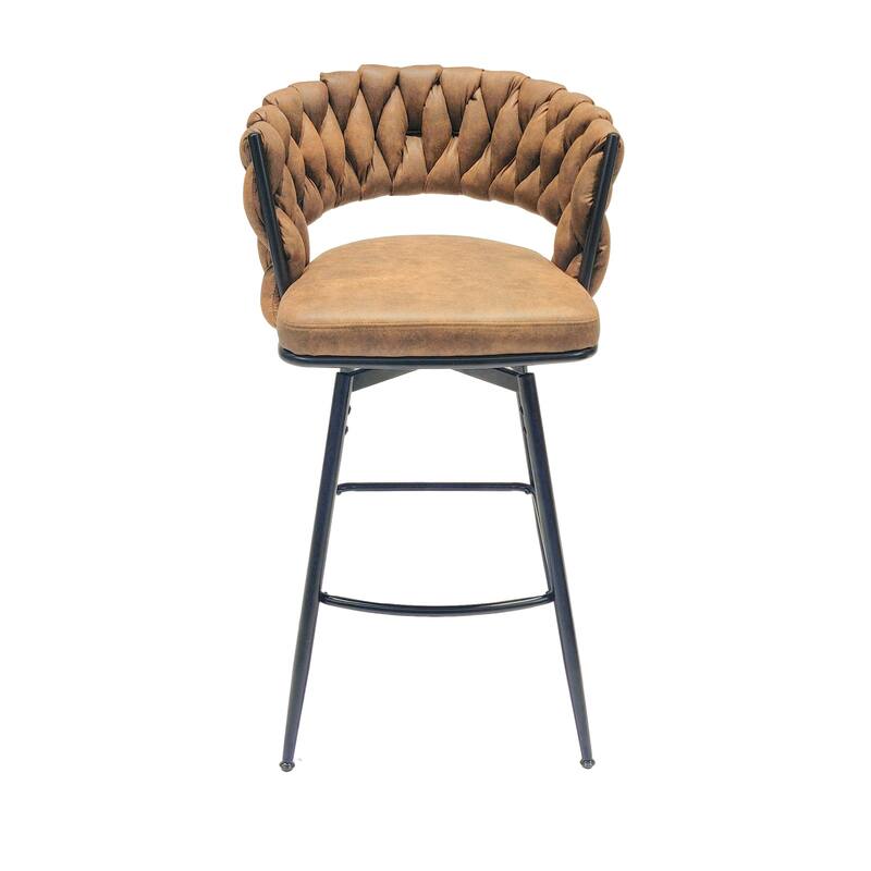 28" Technical Leather Woven Bar Stool Set of 2, Black legs Barstools, No Adjustable Kitchen Island Chairs