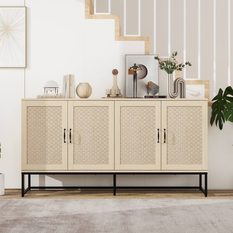 Engineered Rattan Buffet Accent Storage Cabinet 4-Door Sideboard with Adjustable Shelf, Cupboard Console Table Hallway Cabinet