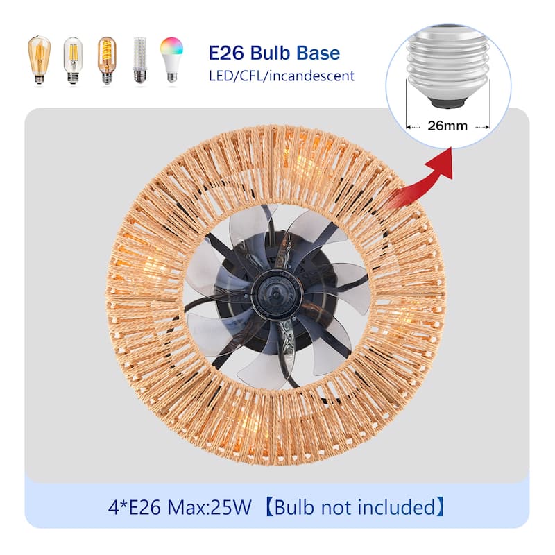 20" Rope Caged Ceiling Fans with Remote and Low Profile Chandelier 6 Speed, NOT Included Bulbs