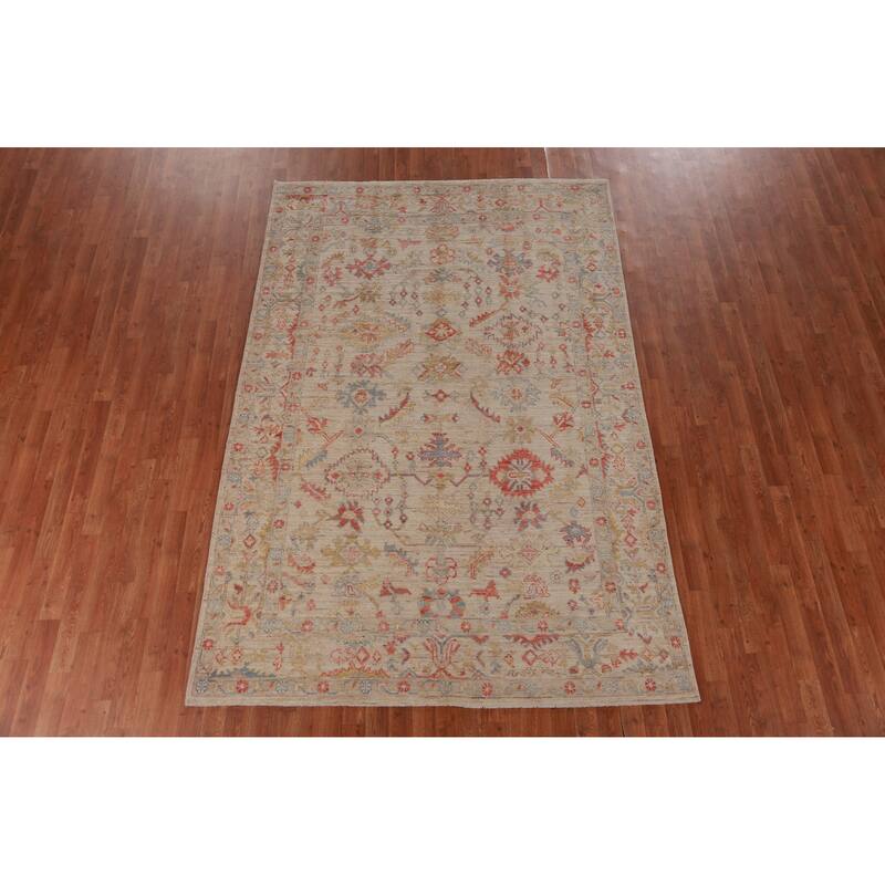 Hand Knotted Oriental 100% Wool Carpet Transitional All-Over Beige & Ivories Oushak Area Rug - 8' 11'' X 6' 0''