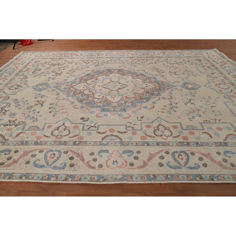 Geometric Beige Tabriz Persian Area Rug Hand-Knotted Wool Carpet - 9'8"x 13'4"