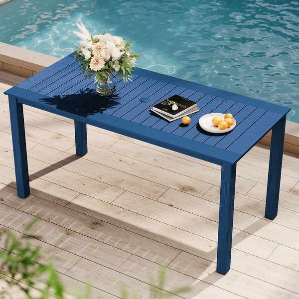 blue umbrella patio dining 7-Piece Set with Swivel Chairs PHI VILLA Dining Set with elegant and classic black design brings unique aesthetic perception to patios Summit Living Navy Blue Patio