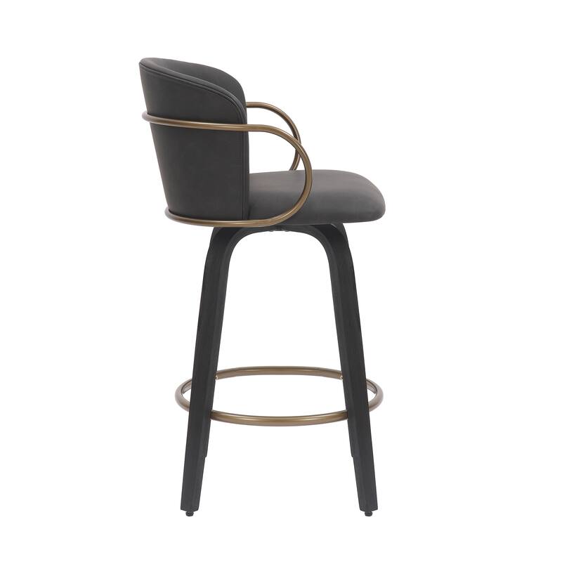Set of 2 Mid-Century Faux Leather, Wood and Metal 26" Swivel Counter Stool