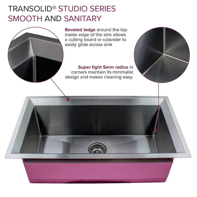 Transolid Studio 33-in x 19-in x 11-in Undermount Stainless Kitchen Sink, SinkPocket, Grid, Strainer - 33-in x 19-in x 11-in