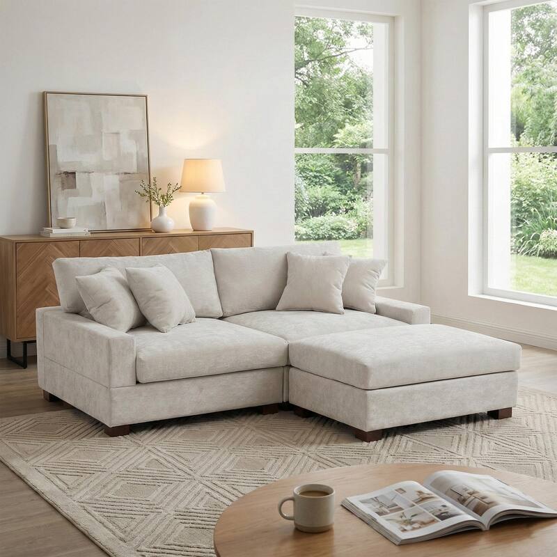 Modern Oversized Chenille Modular Sectional Sofa with Ottoman - Off White-3 Piece