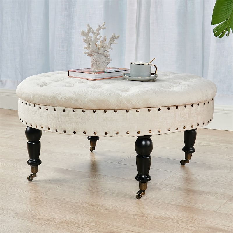 Round Velvet Tufted Coffee Table Ottoman, 34" x 34" x 17" H