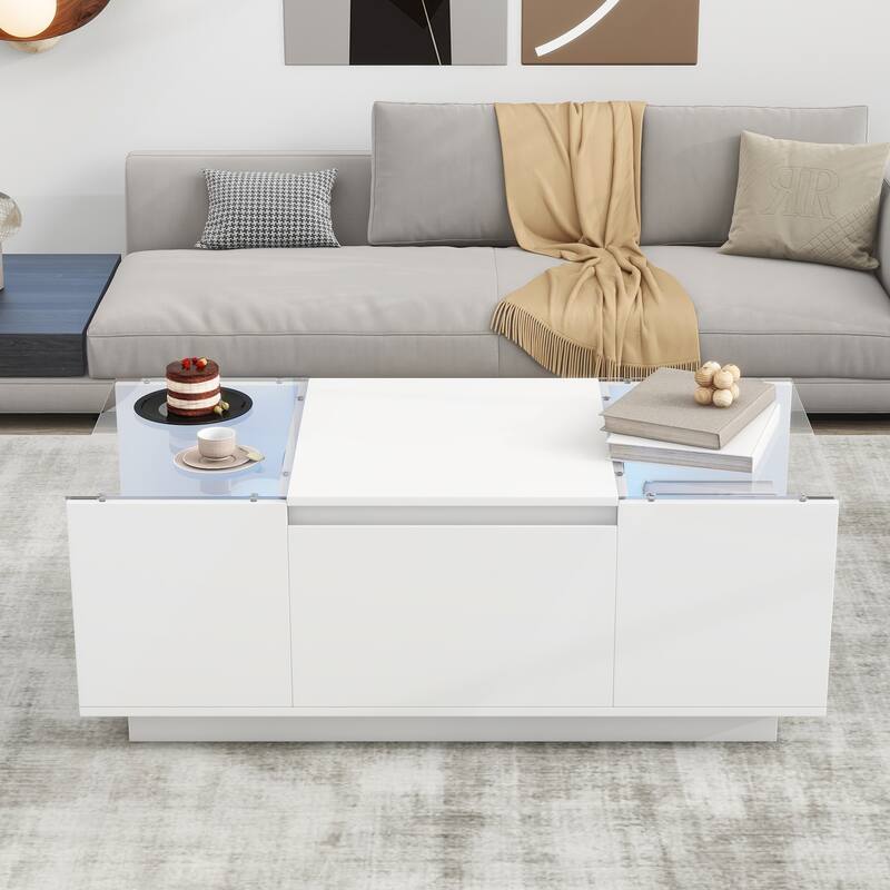 Modern Center Table with High-Gloss Finish and Glass Tabletop - White