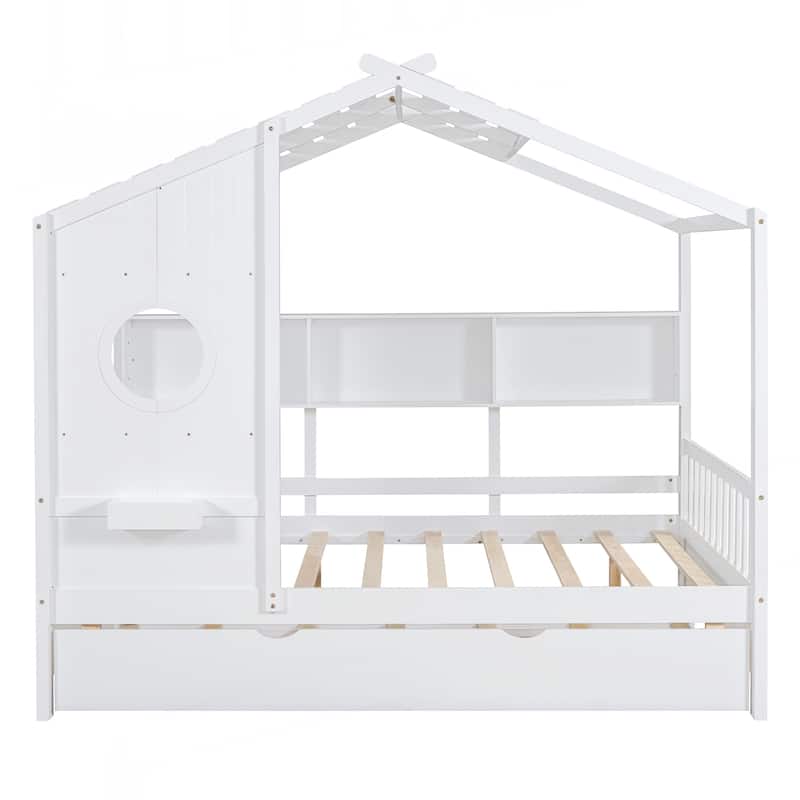 Wooden Full Size House Bed With Trundle, Modern Design for Kids with Storage Shlef