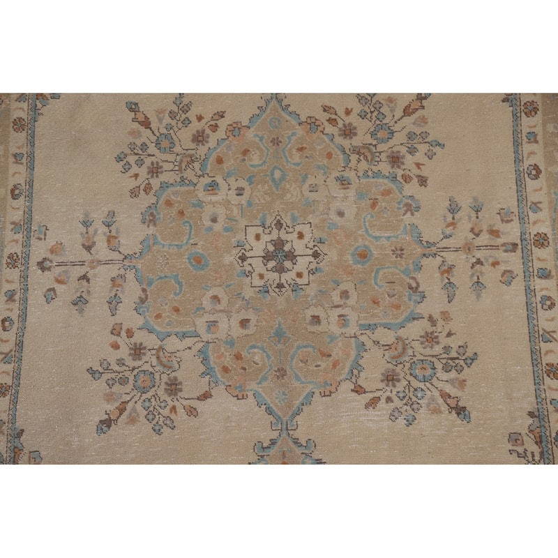Vintage Geometric Distressed Tabriz Persian Rug Handmade Wool Carpet - 6'3" x 9'9"