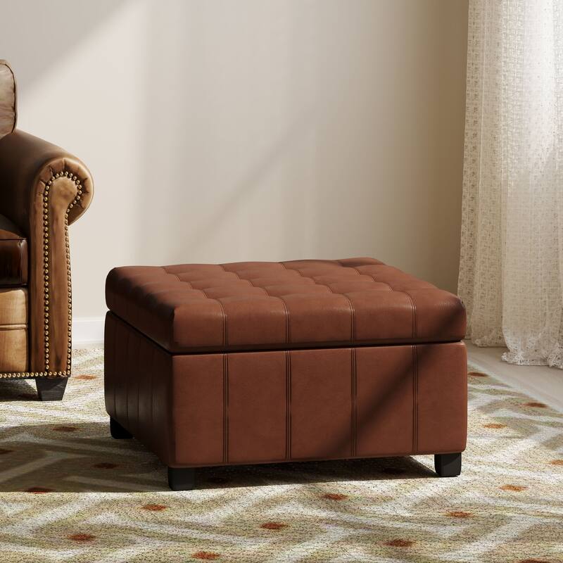 Roomfitters Ottoman Storage Bench, PU Leather Upholstered Footstool with Lift-Top Design, Brown