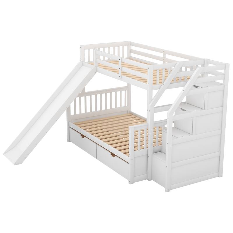 Multifunctional Twin over Full Bunk Bed with Drawers, Storage, and Slide, White