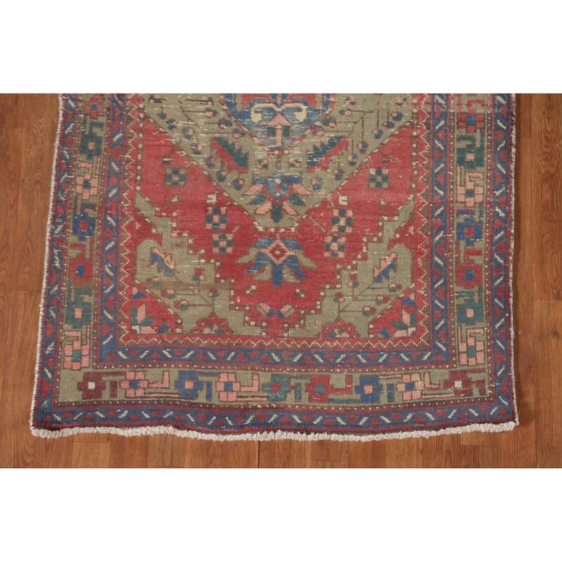 Geometric Tabriz Persian Vintage Runner Rug Handmade Wool Carpet - 3'7"x 11'3"