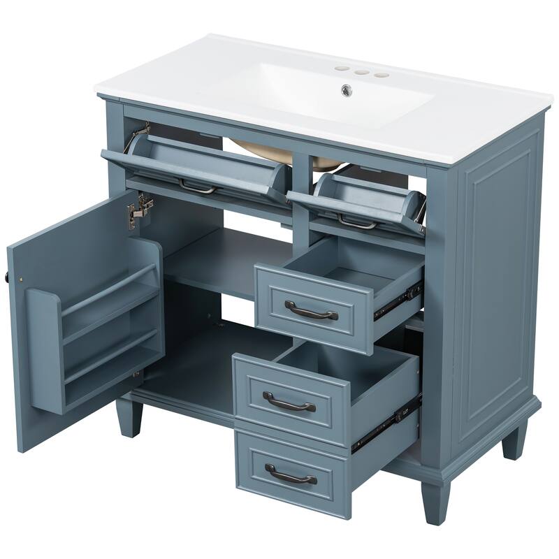 Roomfitters 36" Bathroom Vanity with Sink, Solid Wood Frame, 2 Flip Drawers & Soft-Close Cabinet with Door Rack