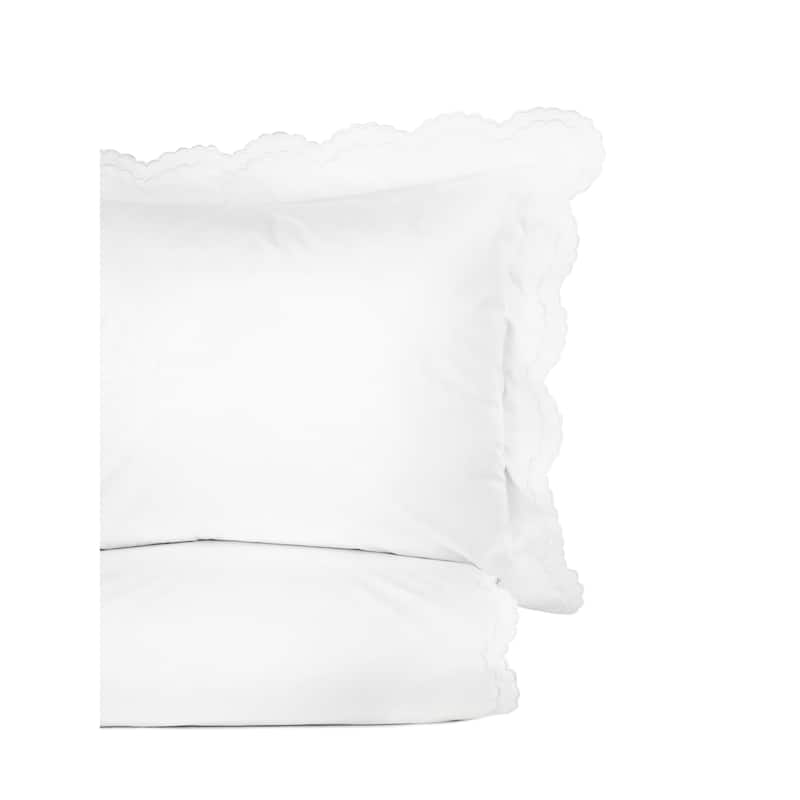 Embroidered Percale Crisp Cotton Double Scallopier Duvet Set and Sham - White Duvet Cover Set - King - 3 Piece