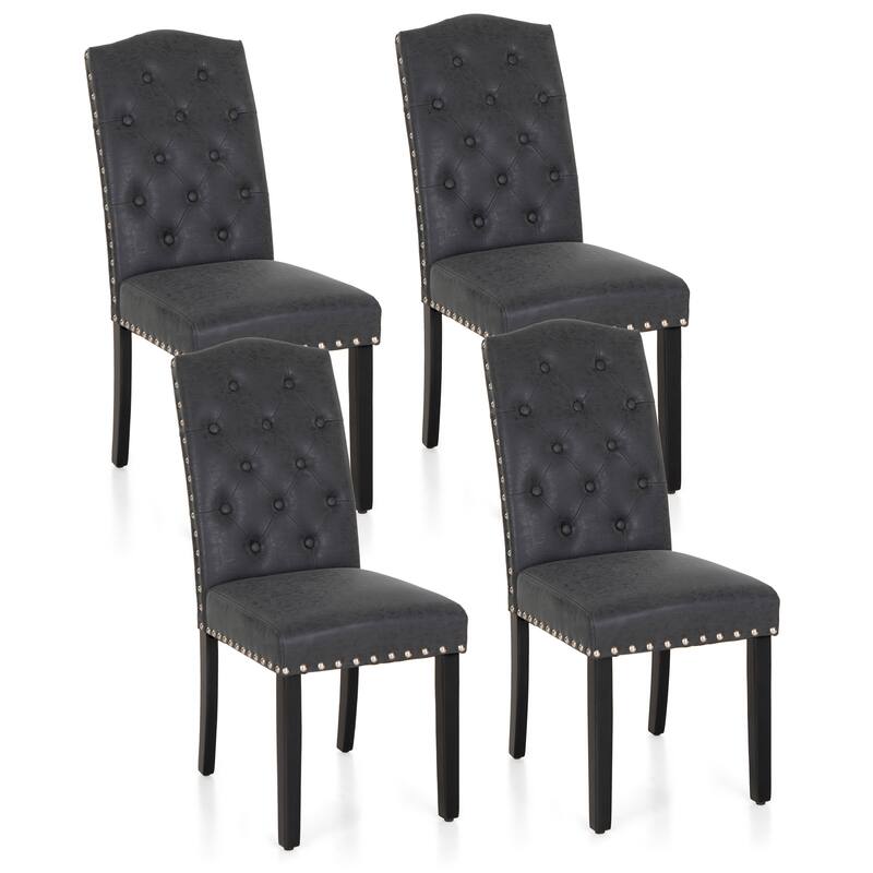 Set of 4 Upholstered Faux Leather/Fabric Dining Room Chairs with High Back and Solid Wood Legs - Black-Faux Leather