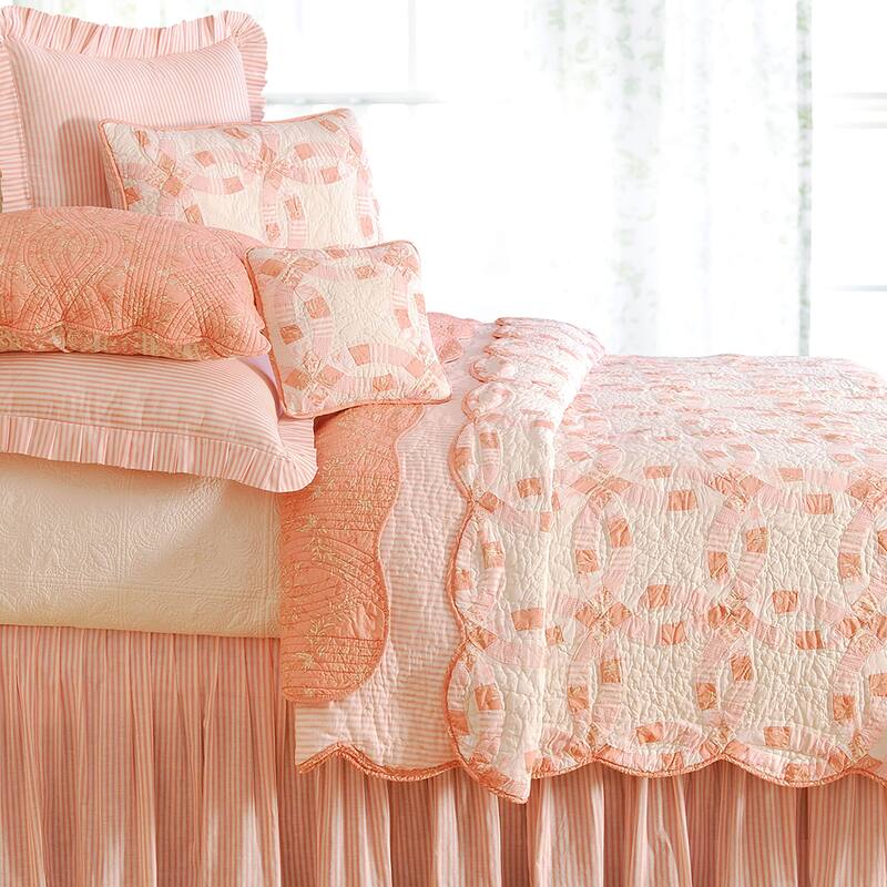 Wedding Ring Hand Pieced Patchwork Cotton Quilt - King - Rose/White