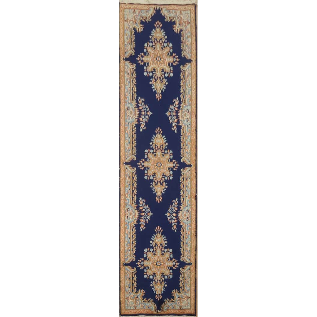 Hand Knotted Oriental 100% Wool Carpet Traditional Floral Navy Blue & Blues Kerman Runner Rug - 9' 10'' X 2' 5''