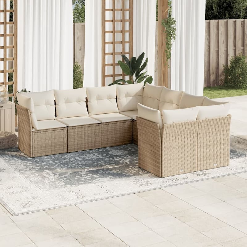 vidaXL Patio Sofa Set with Cushions Outdoor Furniture 8 Piece Poly Rattan - 24.4 x 24.4 x 27.2 - Beige and cream