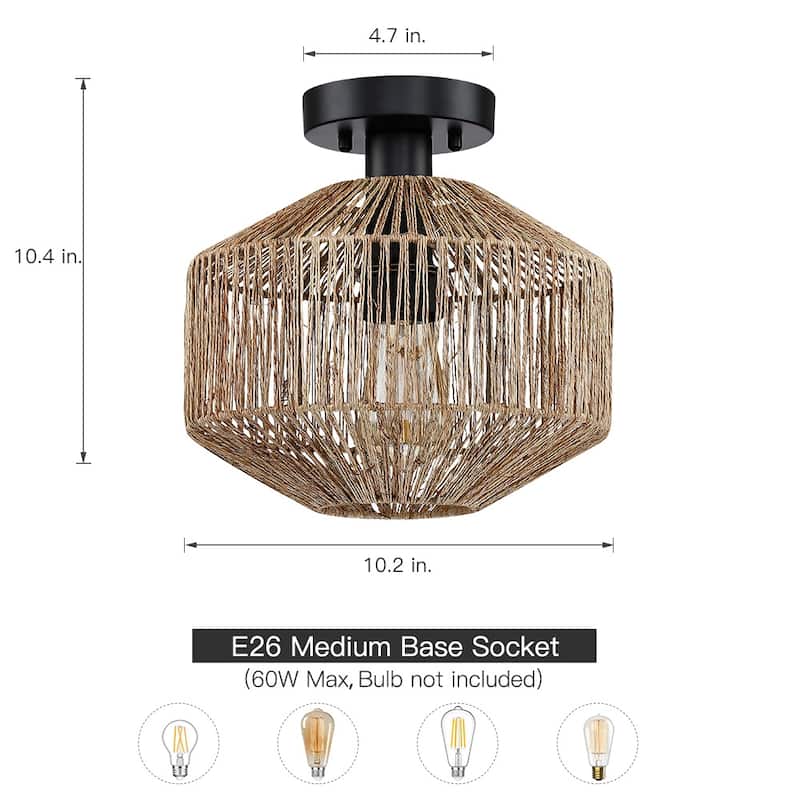 True Fine Bohemian Natural Jute Rope Semi Flush Mount Ceiling Light with Black Hardware