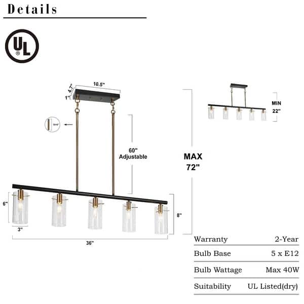 dimension image slide 1 of 2, Alva Modern 5-Light Black Gold Chandelier Glass Linear Island Lights for Dining Room - 36" L x 3" W x 8" H