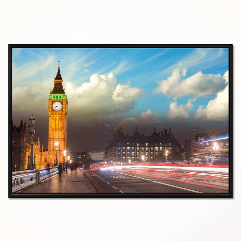 Designart "Big Ben UK from Westminster Bridge" Large Cityscape Photo Framed Canvas Print