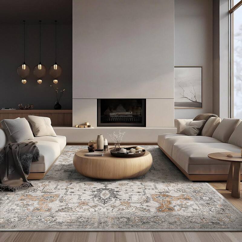 Mcow Vintage Light Taupe Brown Floral Low Pile Machine Washable Runner Rug