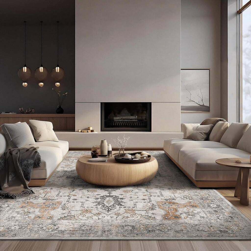 Mcow Vintage Light Taupe Brown Floral Low Pile Machine Washable Runner Rug