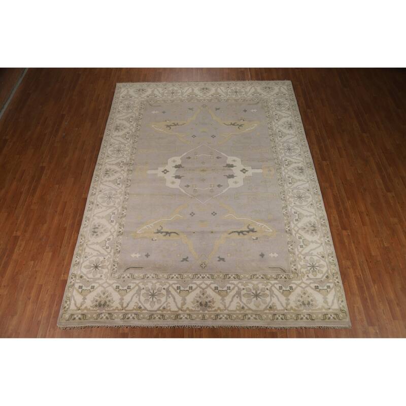 Earth Tone Oushak Indian Area Rug Handmade Beige Wool Carpet - 8'11" x 11'10"