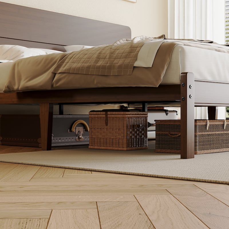 Walnut-colored solid wood and bamboo bed frame with headboard, easy to assemble, no box springs required