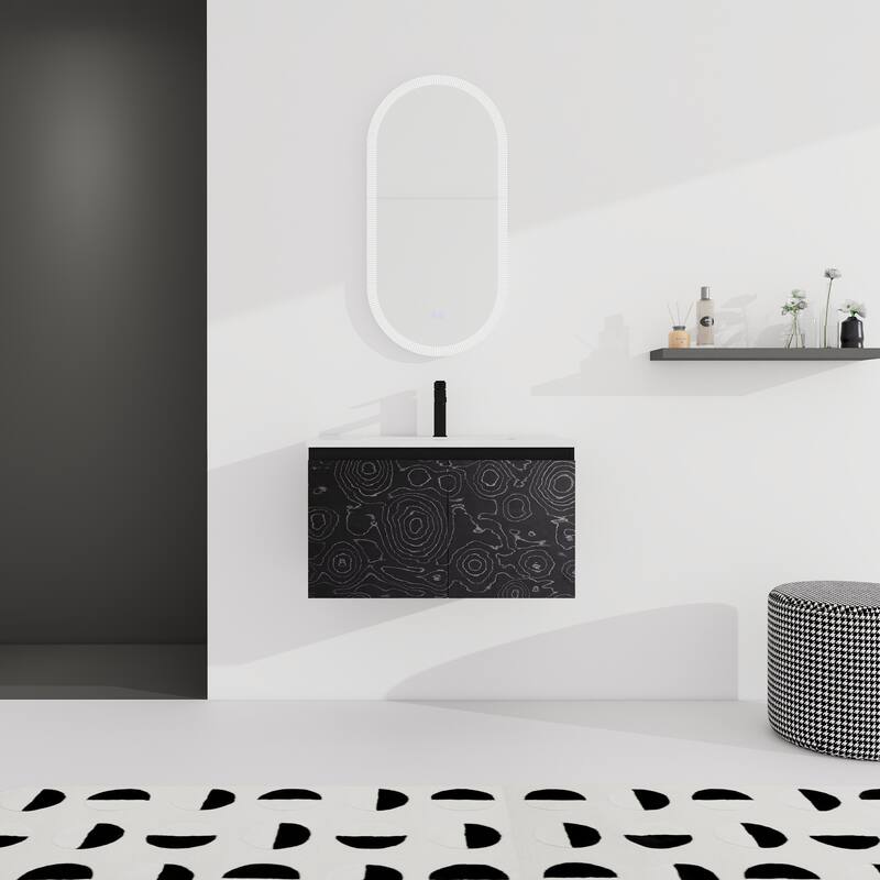 30" Floating Wall-Mounted Bathroom Vanity with Soft-Close Door Hinges, Ceramic Sink & Ample Storage - 30in L Plywood - 30" Black Maple+Hattich Hinge