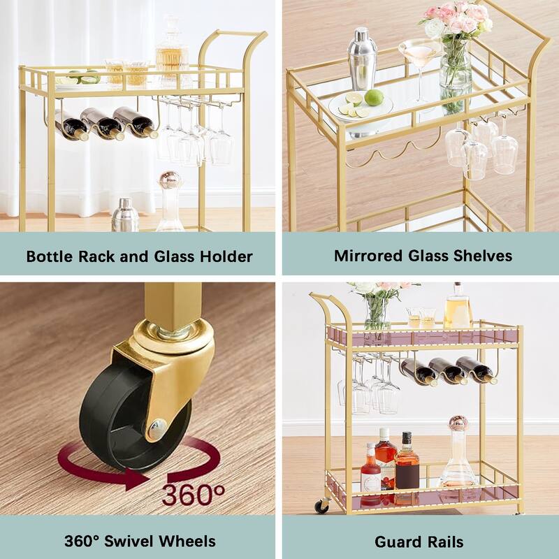 Home Bar Cart with 2 Mirrored Shelves, Wine Holders, and Glass Holders