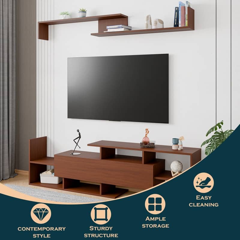 Surrey Multi-functional 60-Inch Modern Wood TV Console with Drawer, Book Case and Open Shelves in Stained Wood Finish