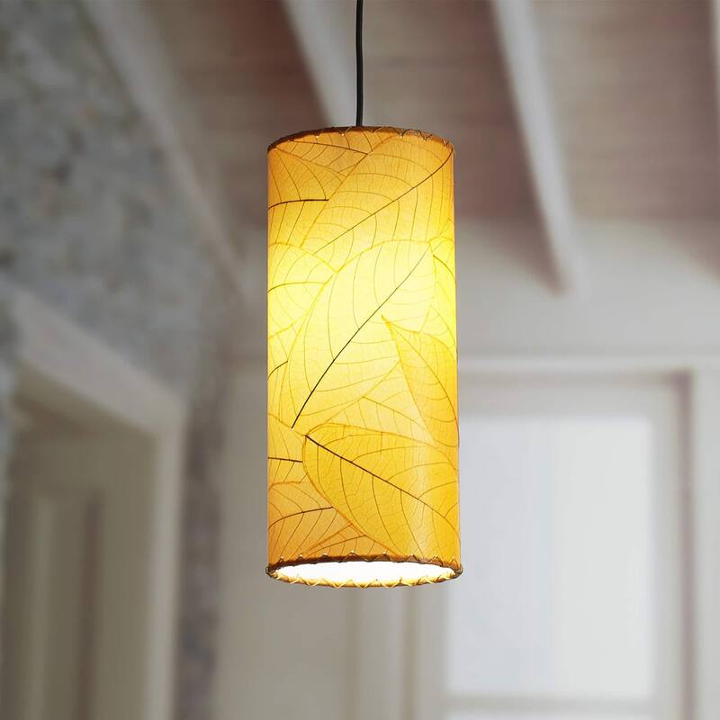 Handmade Cylinder Pendant, Cocoa Leaves Shade, 7 x 7 x 17 in. - 7 x 7 x 17