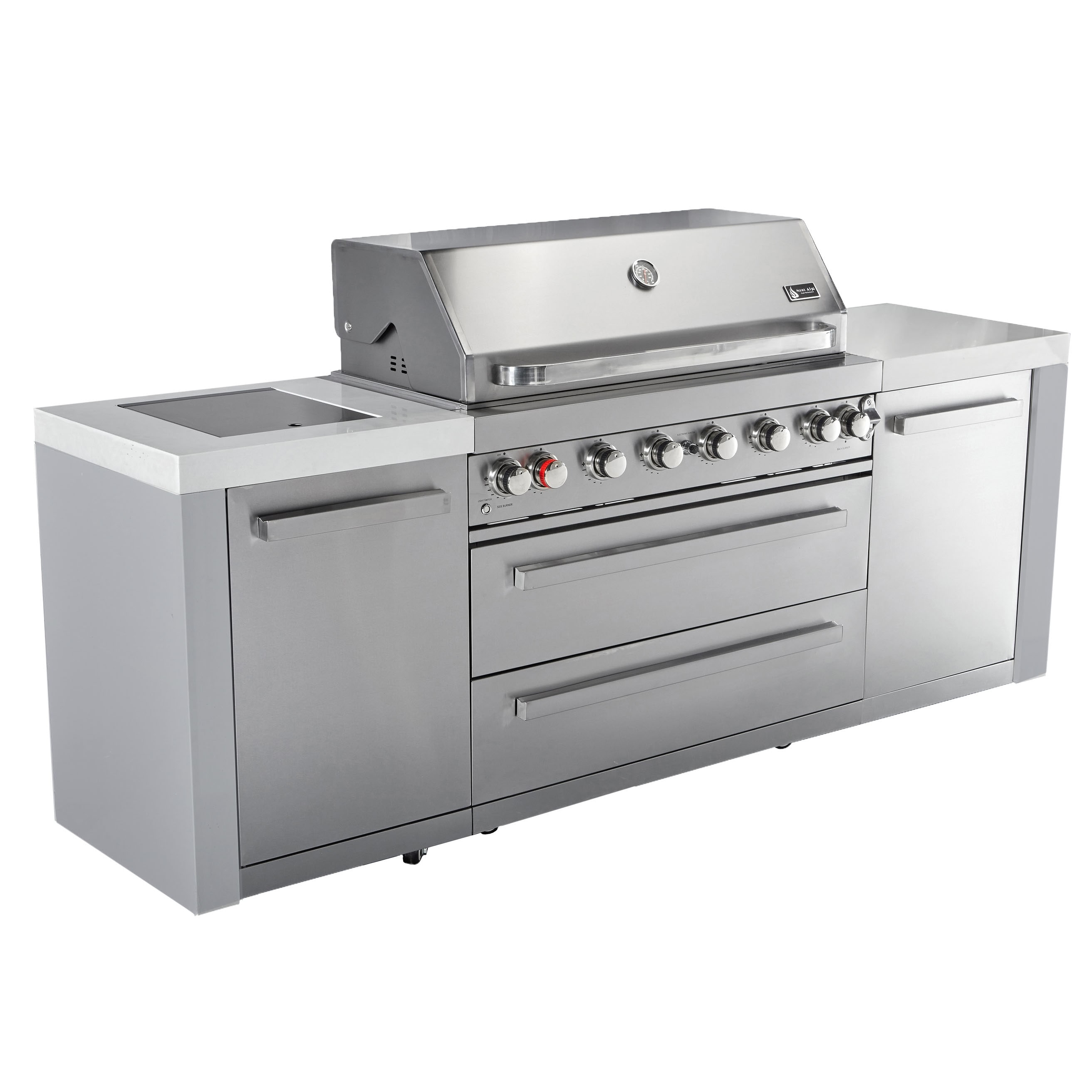 Mont Alpi Premium 94"W x 23"D Stainless Steel Modular Outdoor Kitchen Island with Side Burner + 44"W 6-Burner BBQ Grill