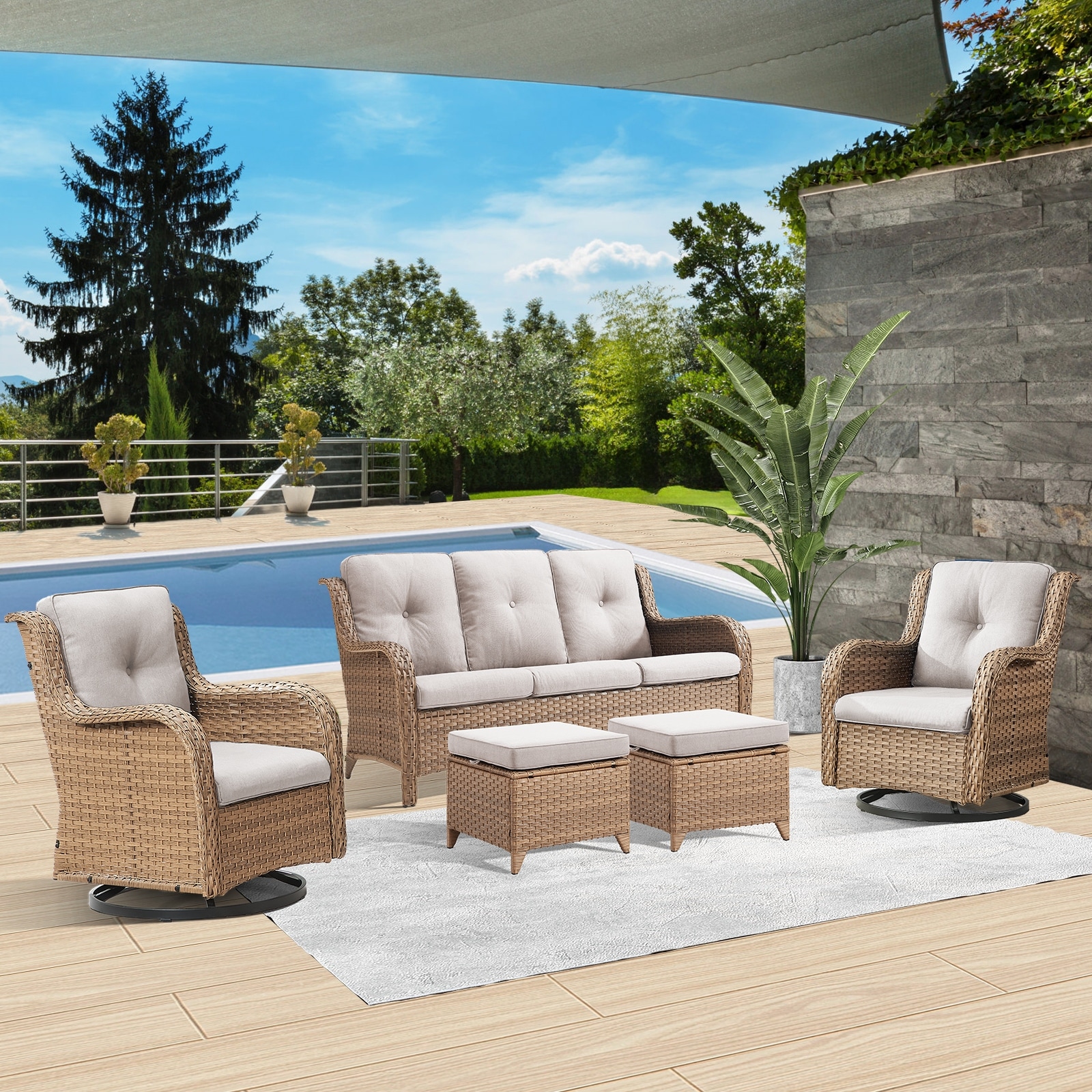 Pocassy 5-Piece Outdoor Wicker Sofa Set with Swivel Chairs