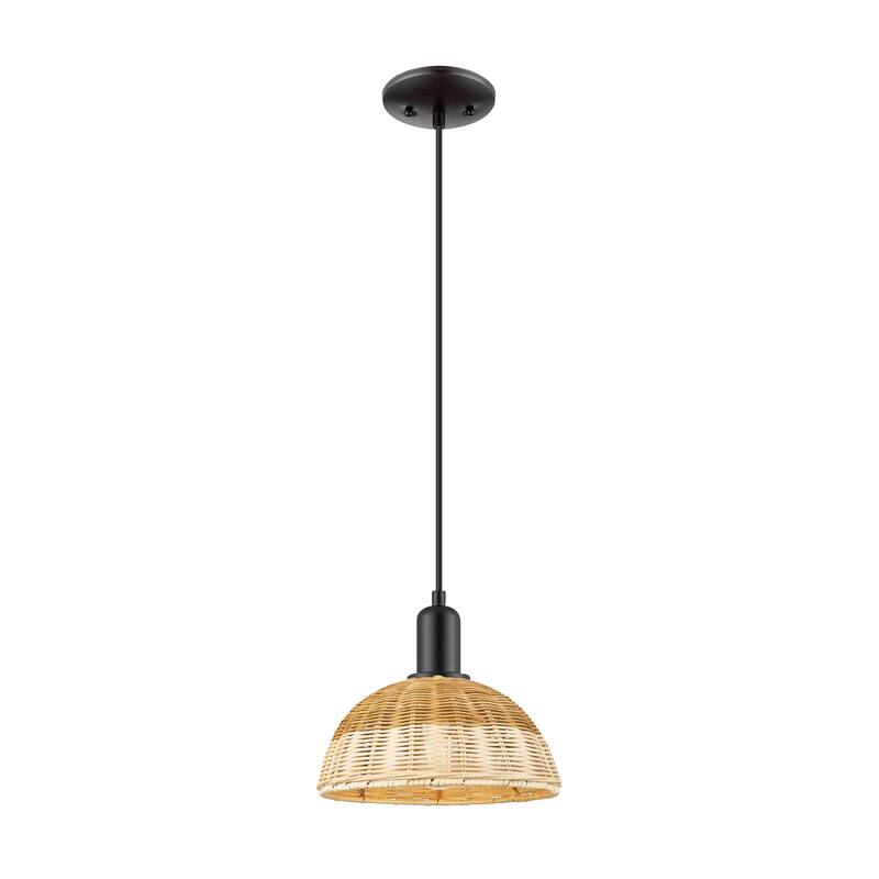 Innovations Lighting Downtown Urban - Natural Ballston Dome - 1 Light 9" Cord Hung Mini Pendant with Basketweave Shade - Matte Black