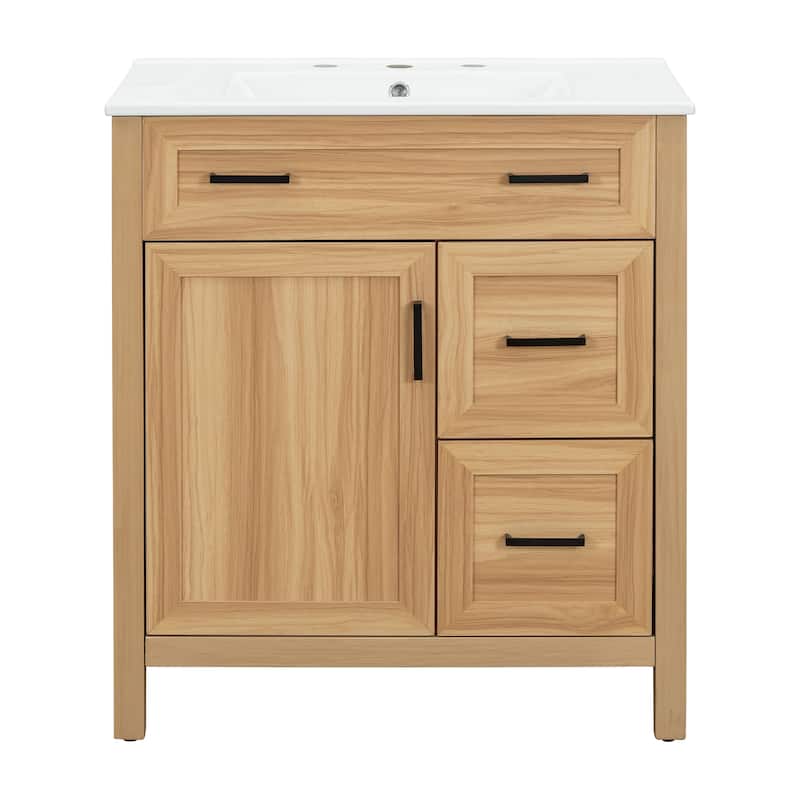 30" Wood Bathroom Vanity with Solid Wood Frame - 1 Soft-Close Door, 2 Soft-Close Drawers, Adjustable Shelf(Sink Not Included)
