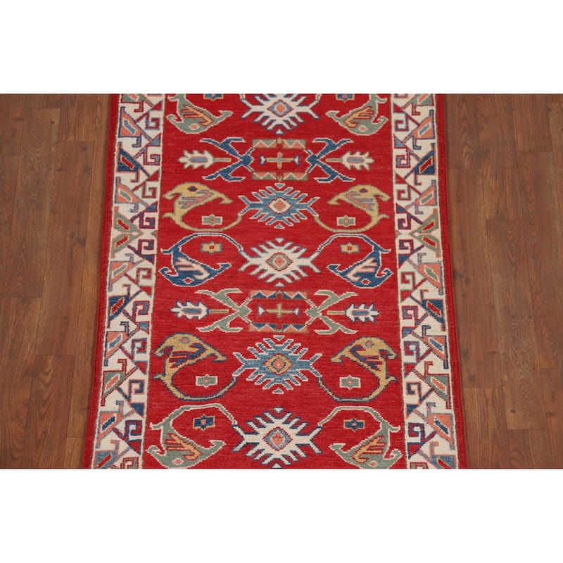 Red Geometric Kazak Oriental Runner Rug Handmade Wool Carpet - 2'7" x 9'8"