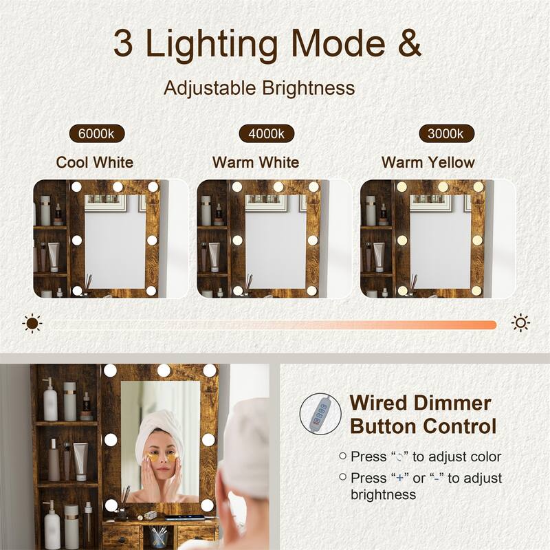 Vanity Table with Mirror & Adjustable LED Lights, Power Outlet, Hairdryer Holder & Stool