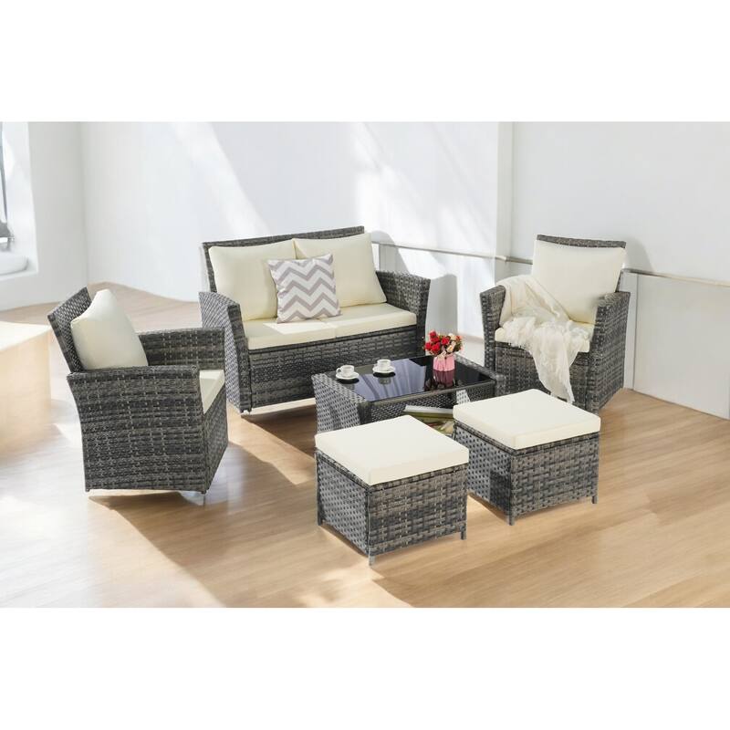 6-Piece Wicker Patio Furniture Set with Cushions & Coffee Table & Ottomans, Sofa for Outdoor Garden, Patio, or Balcony