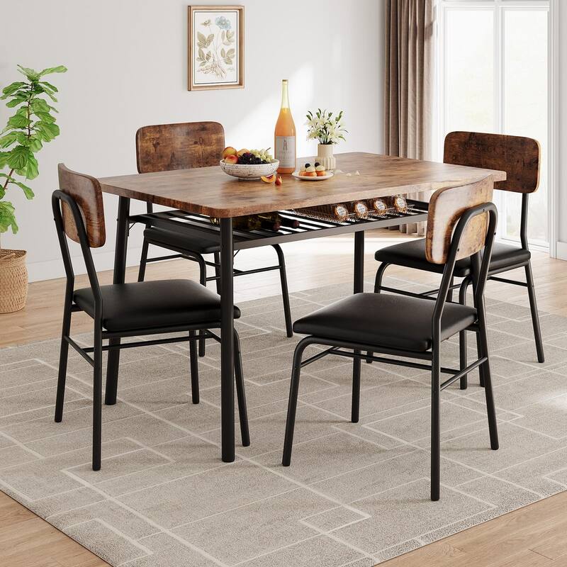 Dining Table Set for 4 with Storage Rack, 5-Piece Kitchen Table and Upholstered Chairs of 4, Tabletop & Heavy-Duty - Brown