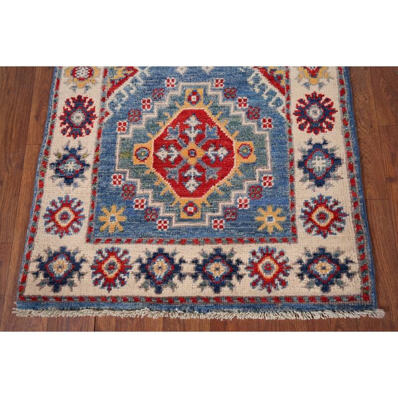 Blue Geometric Kazak Accent Rug Handmade Wool Carpet - 2'0" x 3'2"