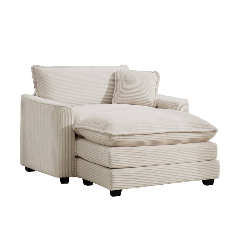 Corduroy Fabric Deep Seat Sofa with Ottoman, Single Deep Seat Accent Sofa Chair with Pillow for Livingroom