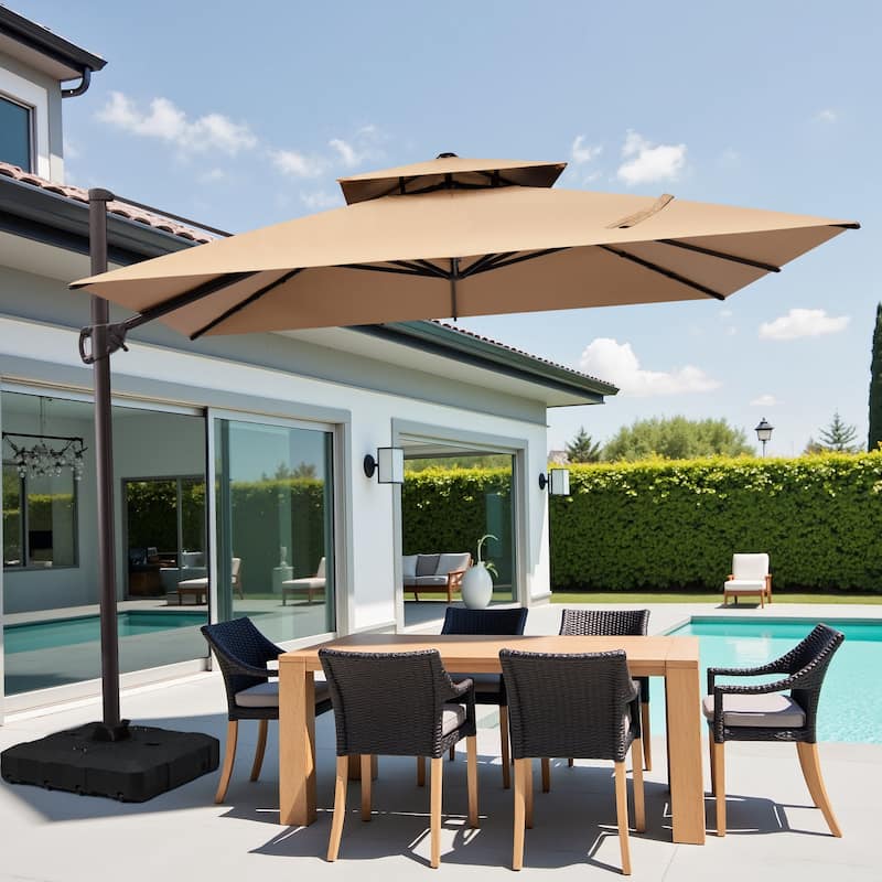 10.5ft Outdoor Patio Double Top Cantilever Offset Umbrella with Base Stand - Tan