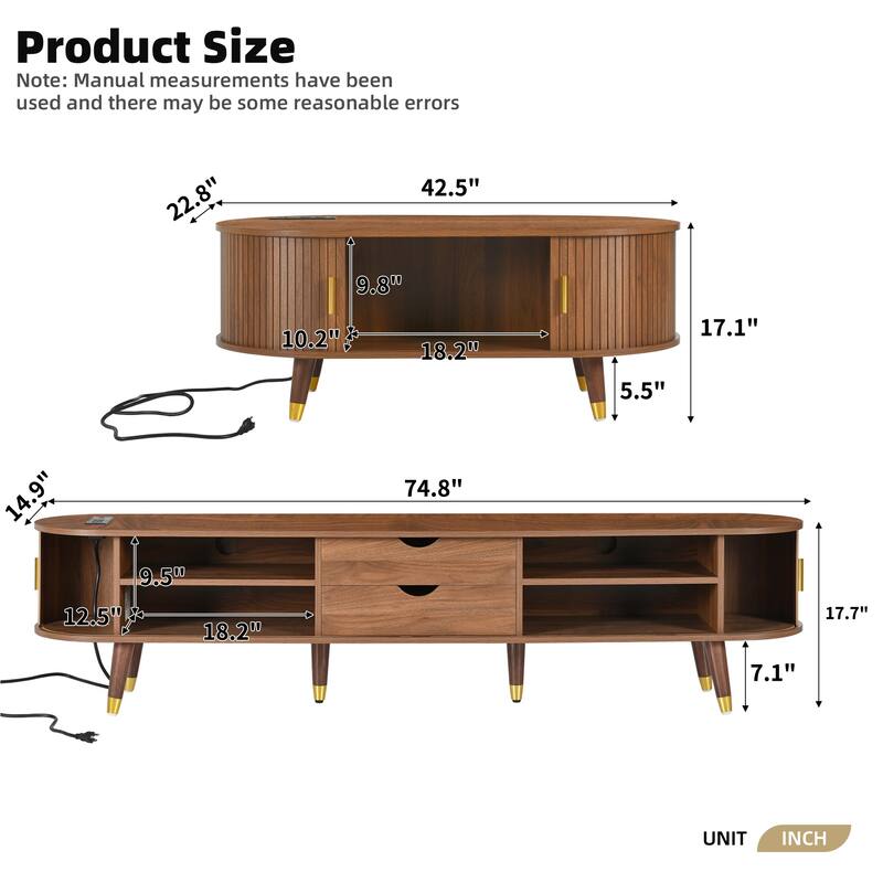 Wooden Tv Stand & Coffee Table Set With Charging Station,Sliding Doors For Tvs Up To 80",Table With Solid Wood Legs