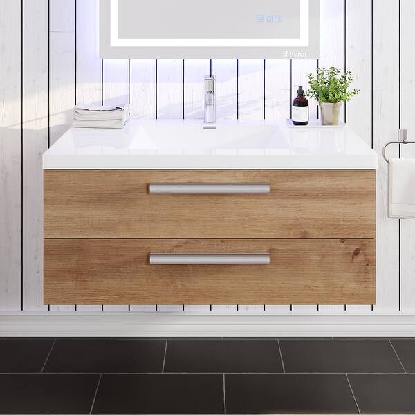 Eviva Nets 39 in. W x 20 in. D Natural Oak and White Wallmount Modern Bathroom Vanity with Solid Surface Integrated Sink Top