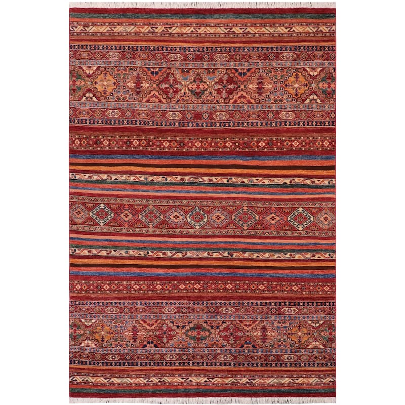 Tribal Khurgeen Helaine Red/Blue Hand-knotted Wool Rug - 5'6 x 7'10 - 5'6'' x 7'10''