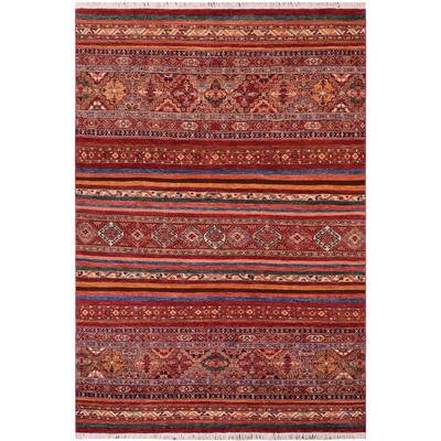 Tribal Khurgeen Helaine Red/Blue Hand-knotted Wool Rug - 5'6 x 7'10 - 5'6'' x 7'10''