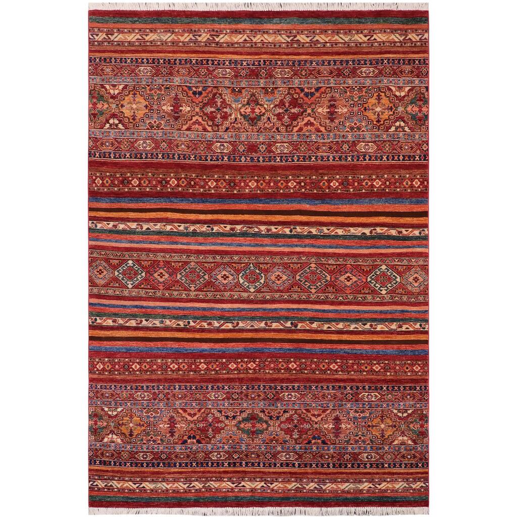 Tribal Khurgeen Helaine Red/Blue Hand-knotted Wool Rug - 5'6 x 7'10 - 5'6'' x 7'10''